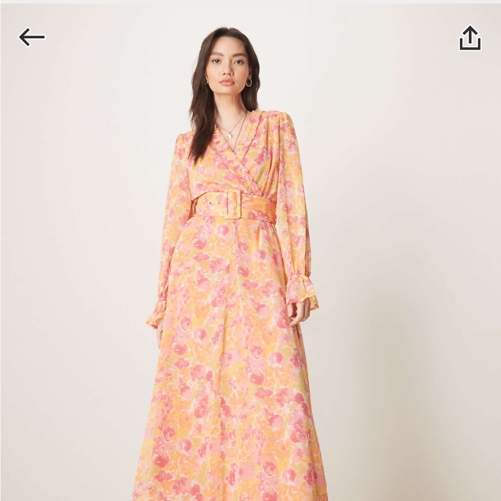 VILA Pink and Yellow Floral Ruffle Long Sleeve Maxi Dress